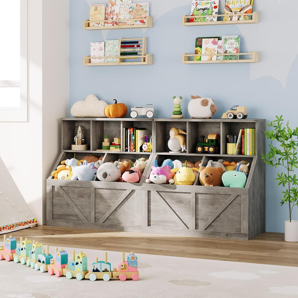 Kids Bookshelf and Toy Storage, Kids Toy Storage Organizer, Washed Grey | Toy Organizer with Storage Cabinet and