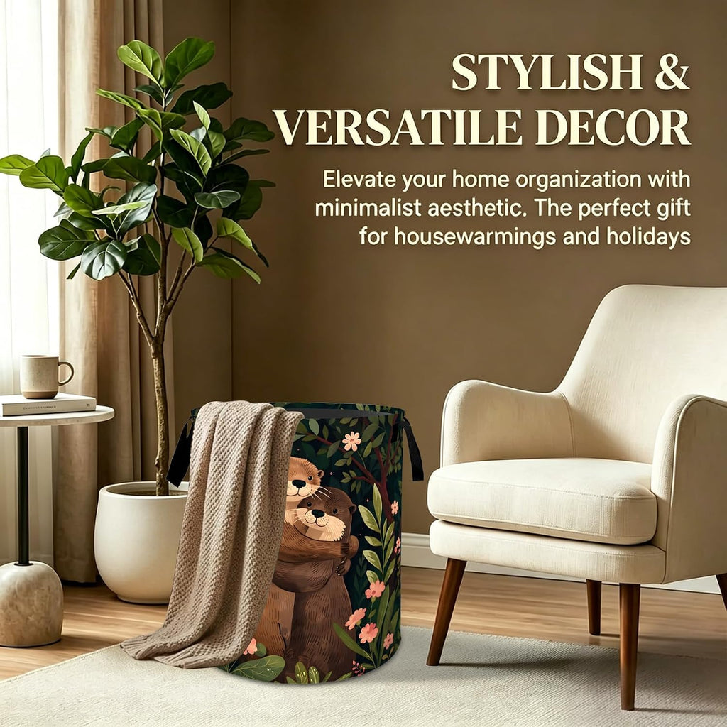 Cozy Otter Laundry Basket, Forest Blossom Print Decorative Hamper , Portable Waterproof Cloth Bin with Handles