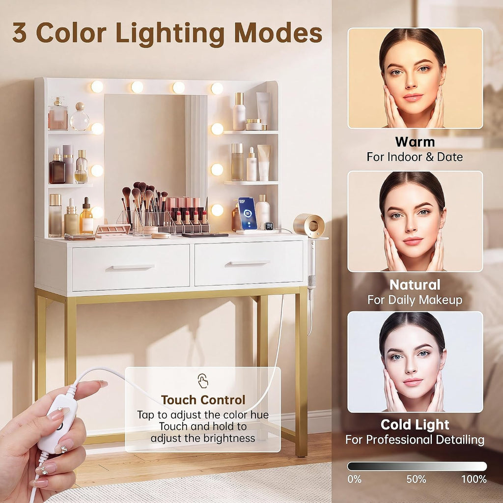 31.5'' Small Vanity Desk with LED Mirror and Lights, White | 3-Color Dimmable LED Mirror, Built In Fast Charging