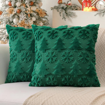 Set of 2 24x24 Inch, Soft Plush Faux Fur Christmas Tree Snowflake Winter Holiday Xmas Decorative Square Cushion Cover