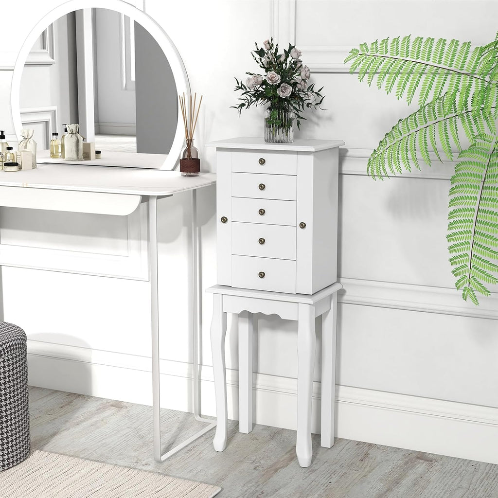 Standing Jewelry Armoire Cabinet with 4 Drawers, Flip Top Mirror, Top Storage Compartments, 2 Side Doors with 8