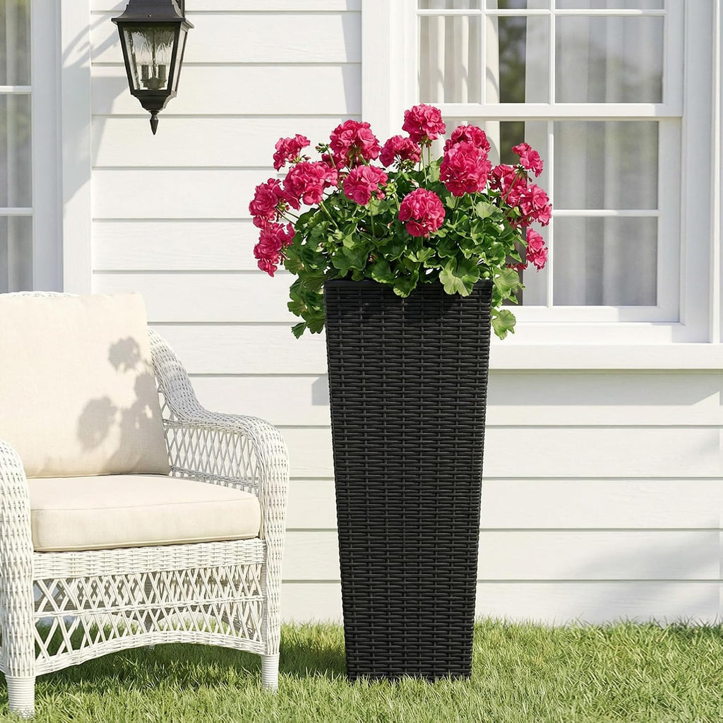 32in Large Planters for Outdoor Plants, Outside Tall Black Planters Set of 2, Resin Front Porch Planters, Outdoor