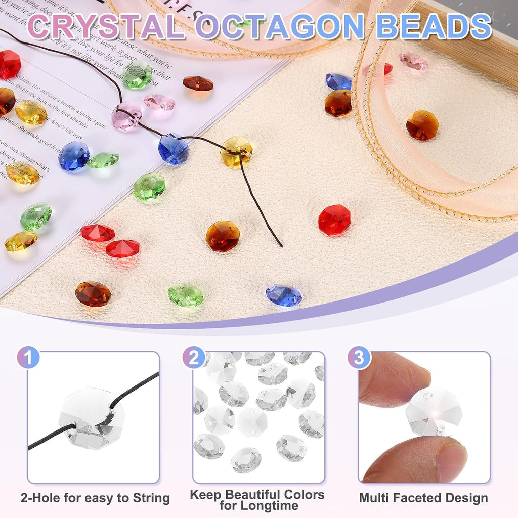 35Pcs 14mm Crystal Octagon Beads, 2-Hole Glass Suncatcher Beads