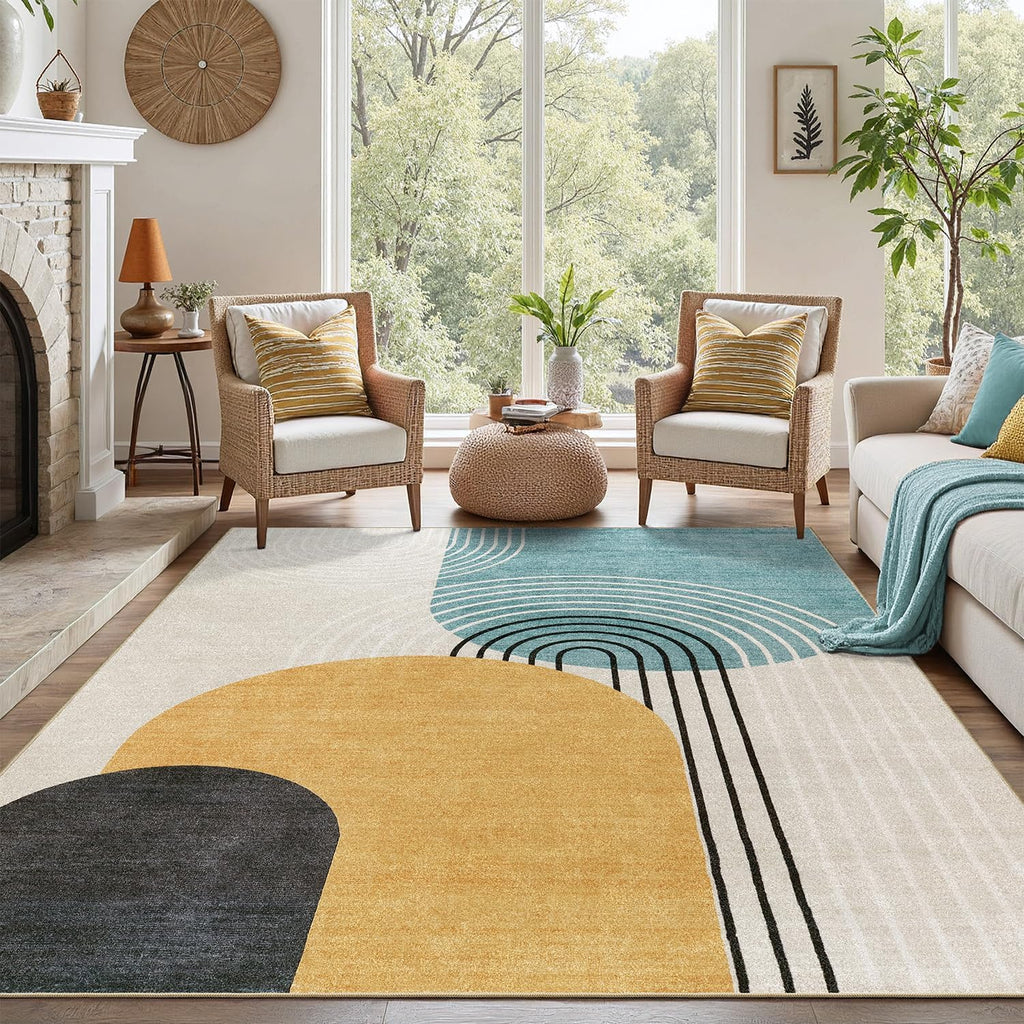Abstract Machine Washable Rug, Mid Century Modern Rug for Living Room, Soft Low Pile Non Slip Carpet, Kid & Pet