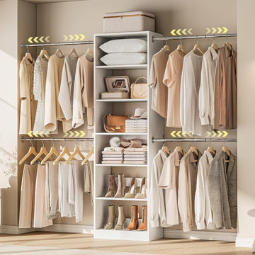 W1 Closet System, 3.5FT-7.7FT Closet Organizer System with 4 Chrome-Plated Telescopic Rods & 6 Adjustable Shelves