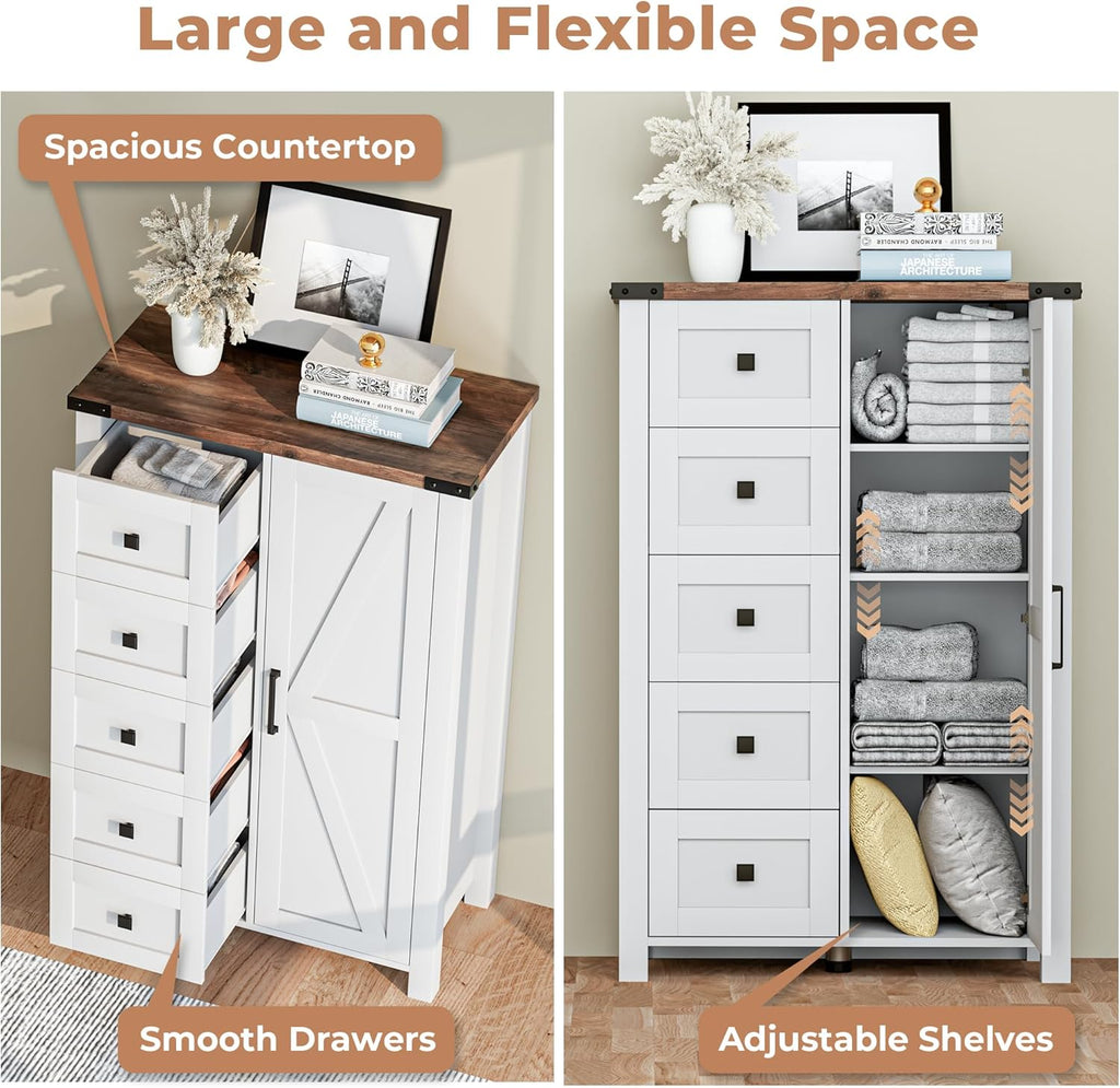 Farmhouse Dresser Storage Cabinet Chest of Drawer , 5 Drawer Dresser with Barn Door, 48 Inch Tall White Wood Dresser