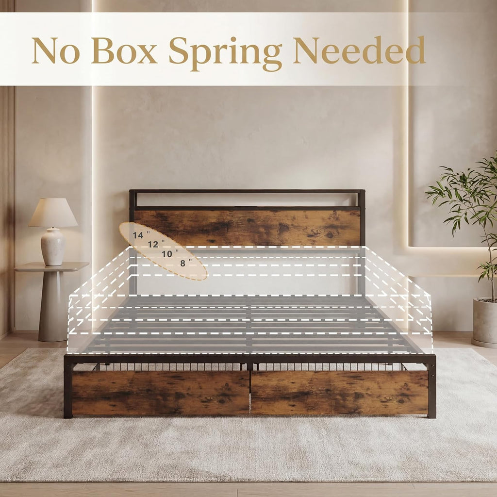 King Bed Frame with Storage Headboard, Platform King Bed with 2 Drawers and Charging Station, Heavy-Duty Metal Slats