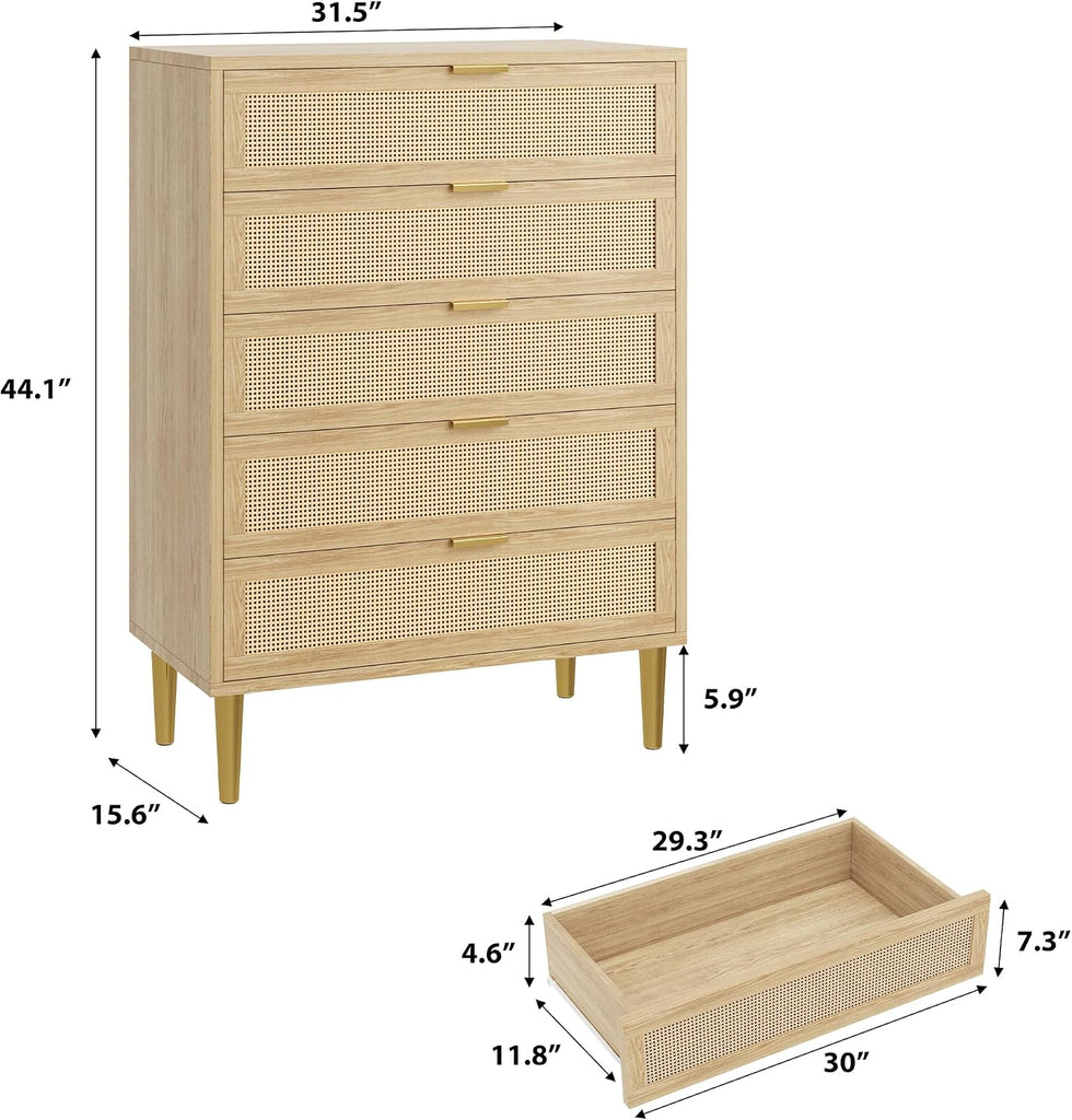 Rattan Dresser with 5 Drawers,44" Tall Chest of Drawers | Narrow Wooden Vertical Dresser With Metal Legs And Handles