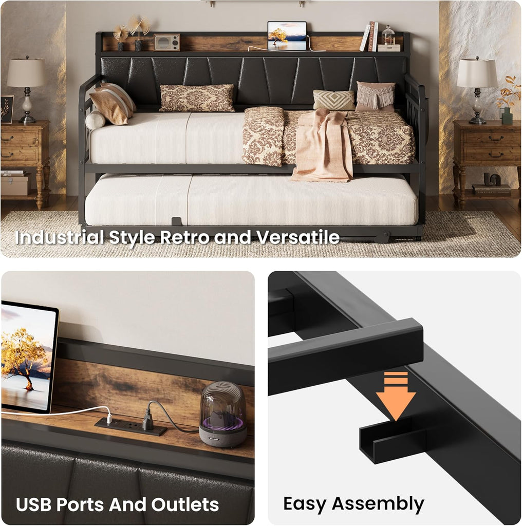 Twin XL Daybed, Day Bed Frame with Pop Up Trundle, Black | Pop Up Trundle Bed with Smooth Wheels, Charging Station