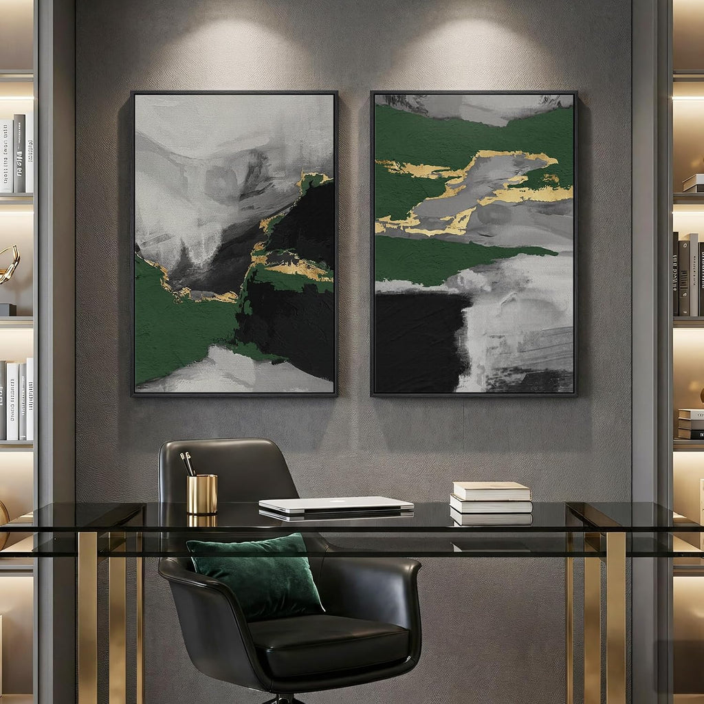 Large Framed Green Abstract Wall Art, 2 Piece Modern Canvas Prints Paintings, Black and Gray Pictures with Gold