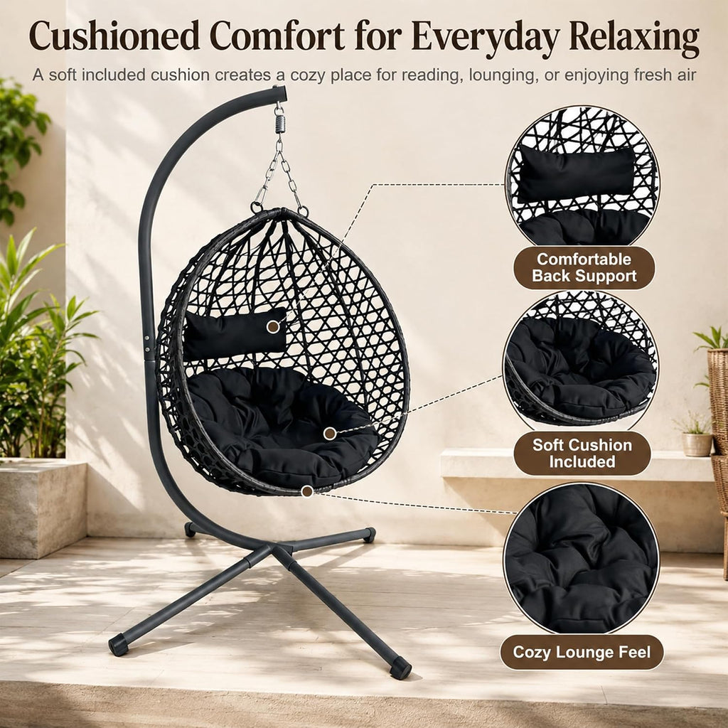Outdoor Swing Chair, Folding Hanging Egg Chair with Stand Outdoor, PE Rattan Egg Swing Chair with Cushion & Pillow