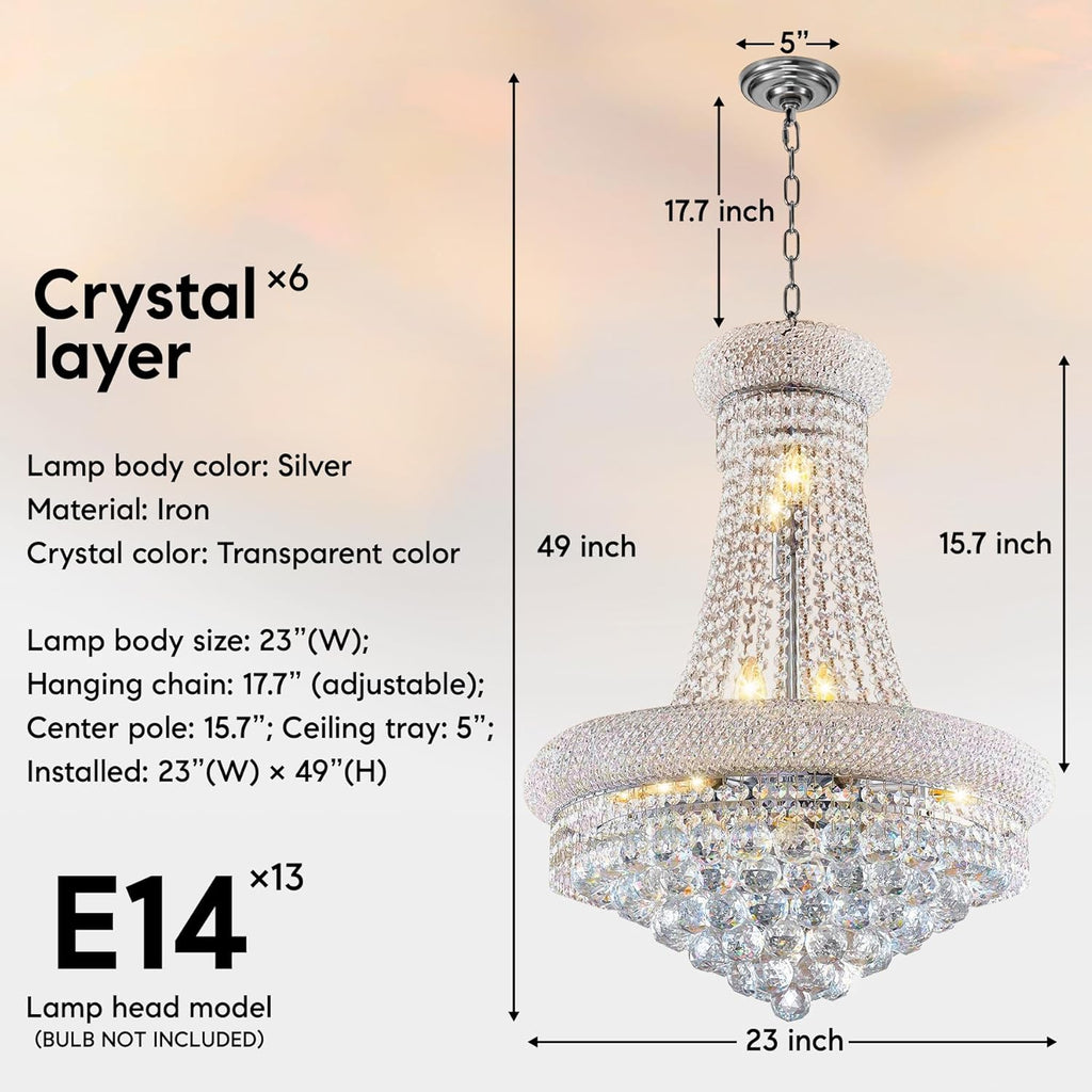 13-Lights Empire Style Crystal Chandelier, 23 Inch Luxury K9 Crystal Chandeliers Pendant Lighting for Living Room, Dining Room, Foyer, Entryway, Hallway, chrome