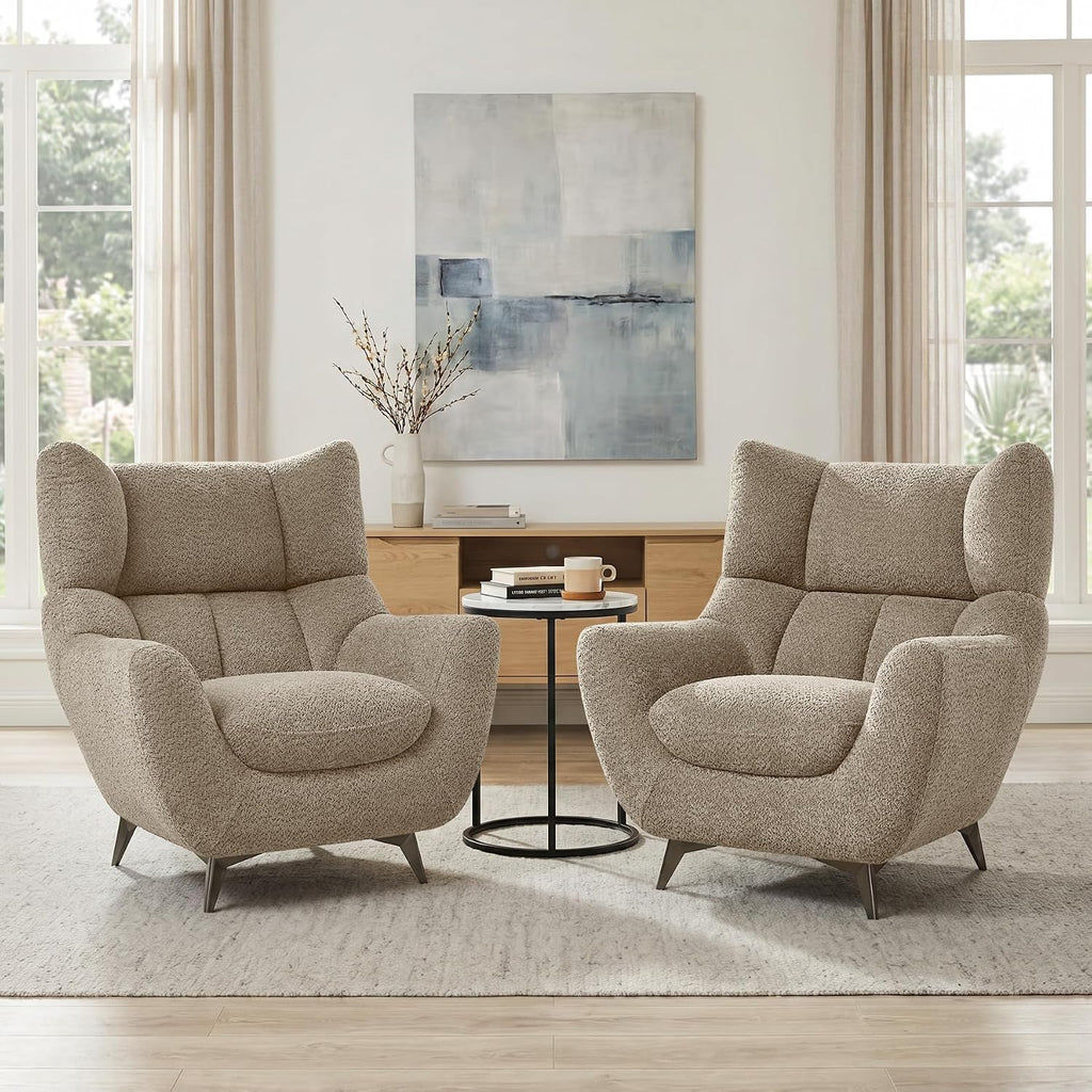 34.6" Oversized Accent Chair with WingBack, Teddy Boucle Camel | High Back, Wide Armrests, Metal Legs, Cozy Deep Seat