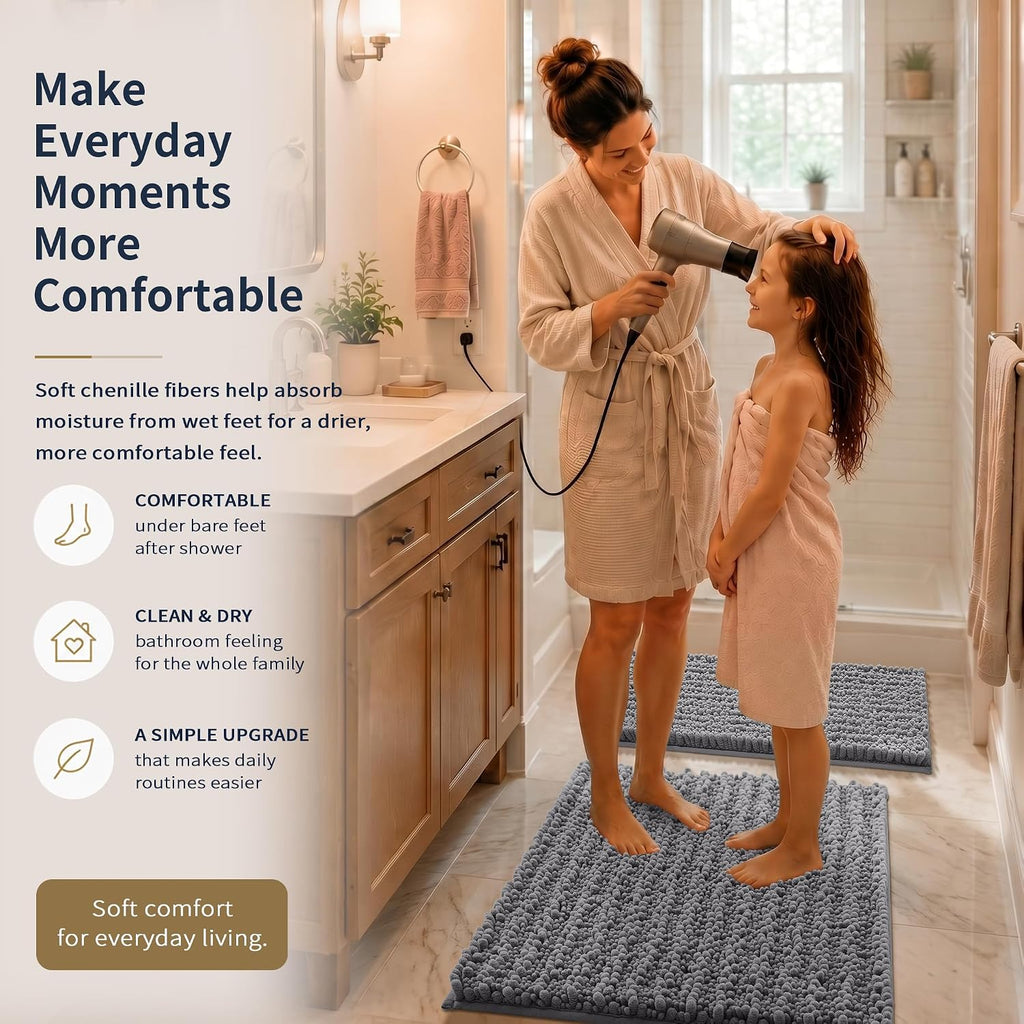 Bathroom Rug Set 3 Piece - Super Absorbent Quick Dry Chenille Bath Mats & Toilet Rug, Non Slip Machine Washable