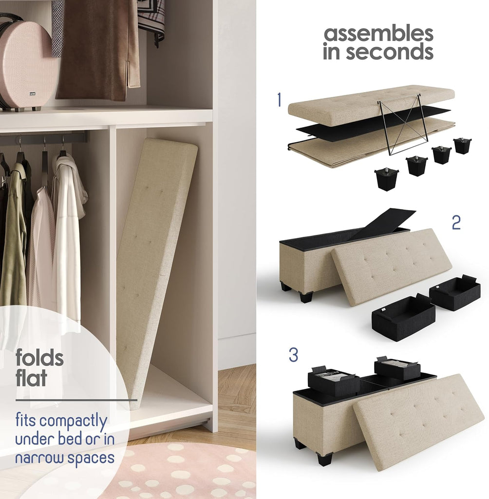 Storage Ottoman Bench with Bins, 43-in Storage Bench End of Bed, Folding Foot Rest Ottoman Max 660lbs, Fabric