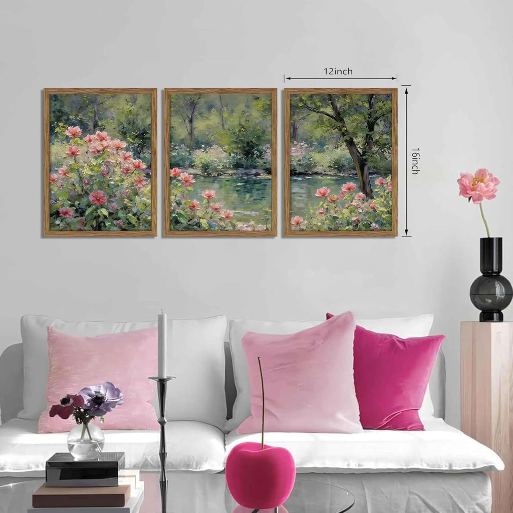 Framed Monet Wall Art Set of 3, Impressionist Botanical Floral Canvas Wall Decor, Vintage Cottagecore Artwork