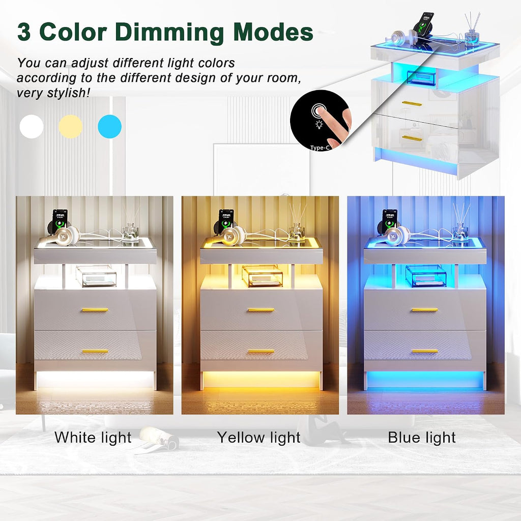 LED Nightstand with Charging Station (USB,Type-C Ports) High Gloss Bedside Table with 2 Drawers, Smart Night Stand