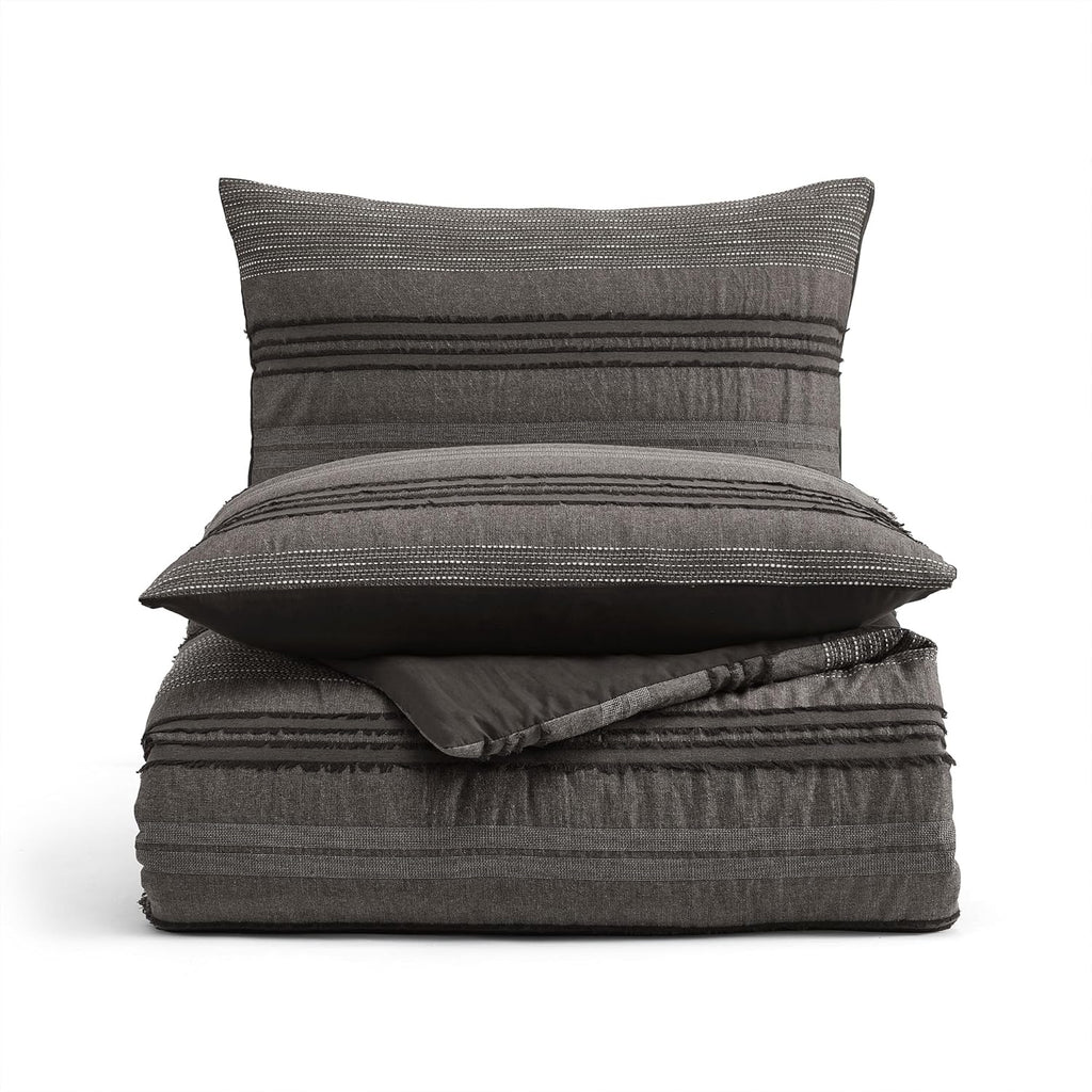 Wonderful Dark Grey Comforter Set, Yarn Dyed Farmhouse Striped Cotton Lightweight Boho Comforter with Pillow