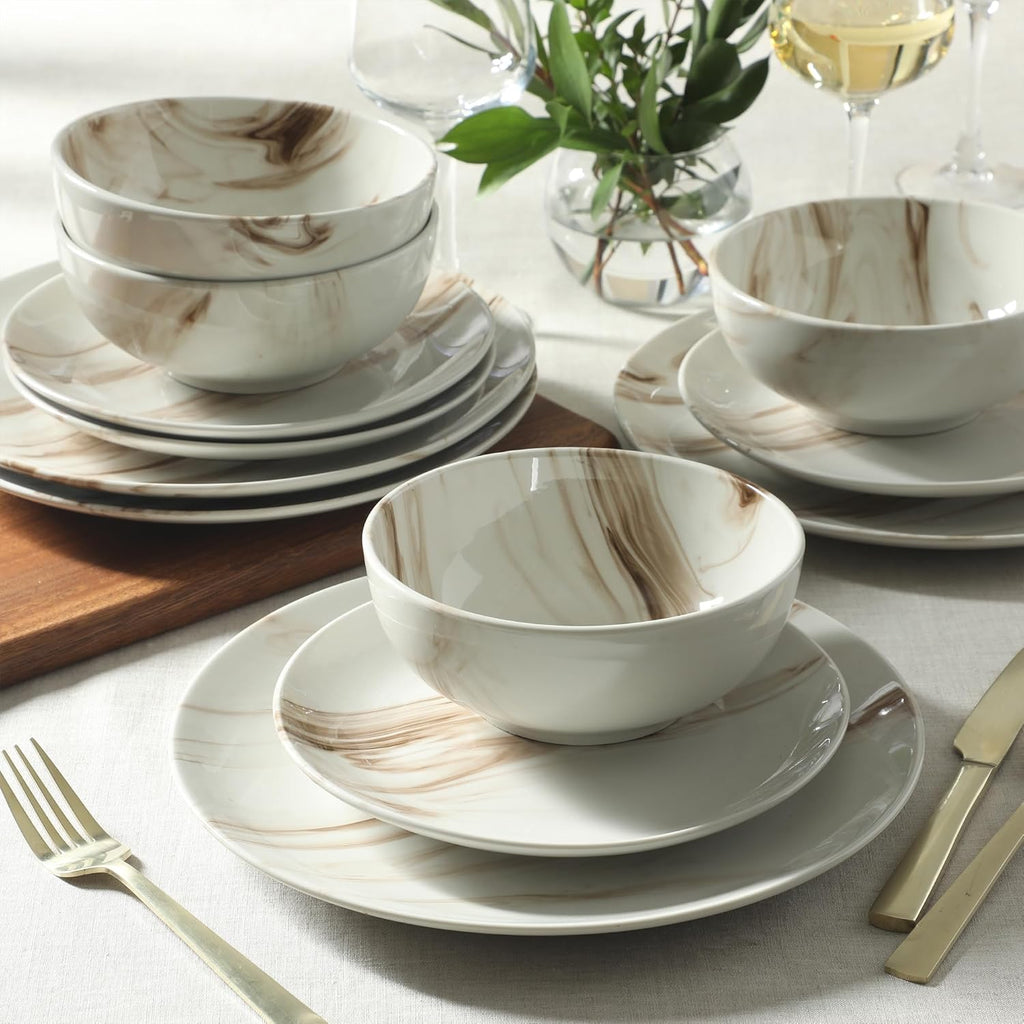 Cloudlight 12 Piece Plates and Bowls Dishes Brown and White - Decorated Porcelain Ceramic Dinnerware Set - Service for 4