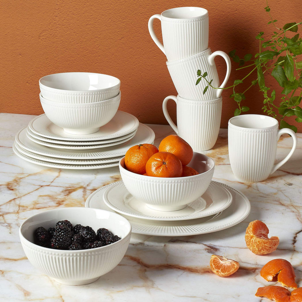 Gallery Embossed Bone White Porcelain Round Dinnerware Collection- Chip Resistant Scratch Resistant, Fleur 16 Piece