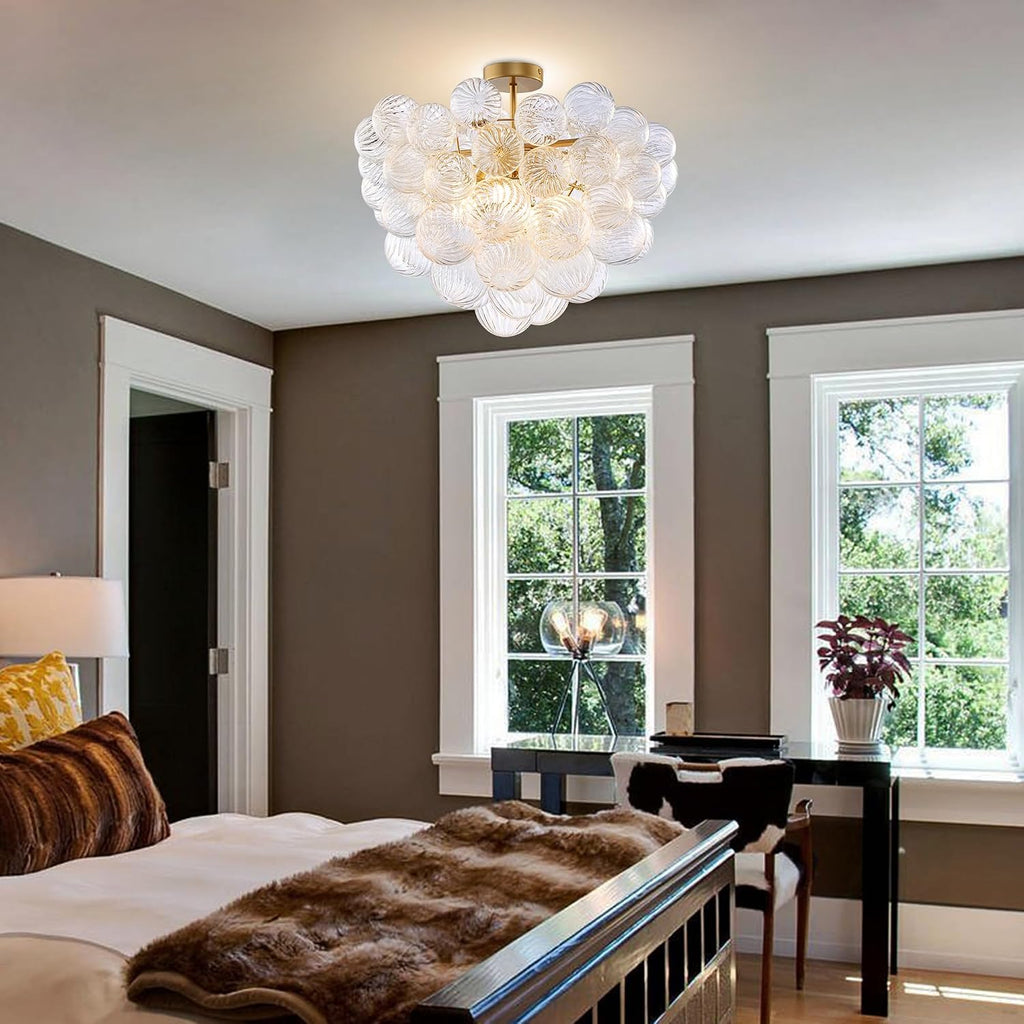 Semi Flush Mount Bubble Ball Chandelier Lighting 24 Inches Gold Clear Ribbed Blown Glass Chandeliers Ceiling Light
