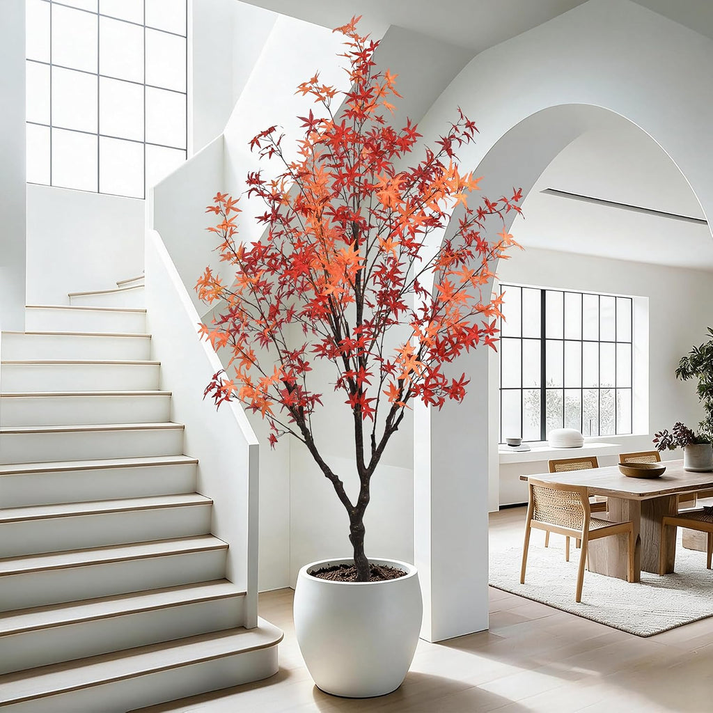Maple Tree 7FT - Large Faux Plant Indoor with Orange Red Leaves & Realistic Trunk, 84" Tall Fake Autumn Maple Tree