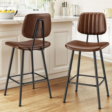 24-Inch Leather Bar Stools Set of 2, Counter Height Barstools with High Backrest，Bar Chairs Island with Heavy Duty
