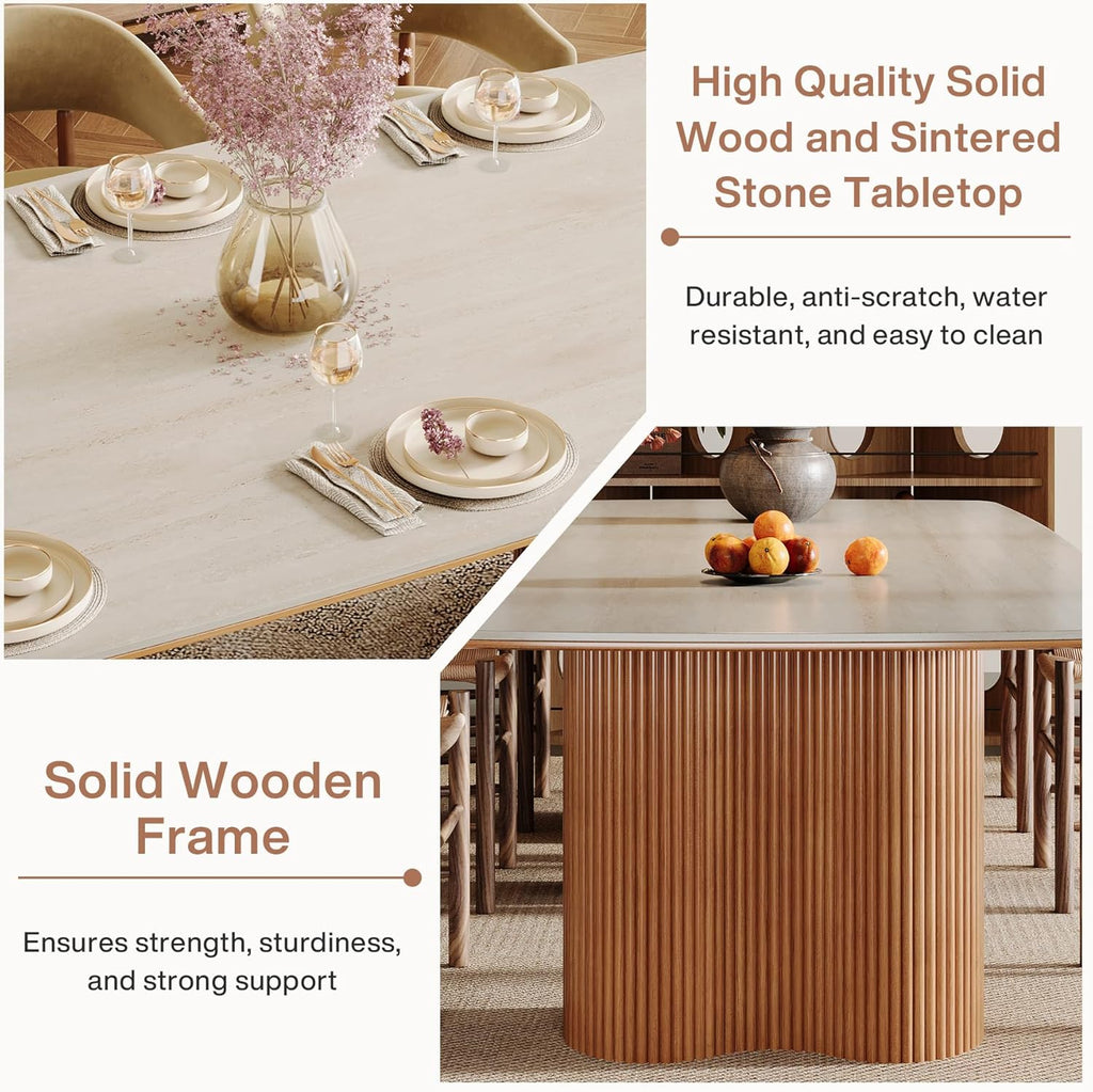 78.7" Sintered Stone Dining Table for 8-10，Luxury Rectangular Kitchen Table with Solid Wood Legs, Mid-Century Dining