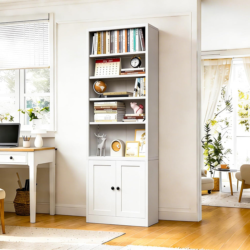 71" Metal Bookcase with Adjustable Shelves 7 Tier Bookshelf with Doors,Tall Display Cabinet Industrial Bookshelves