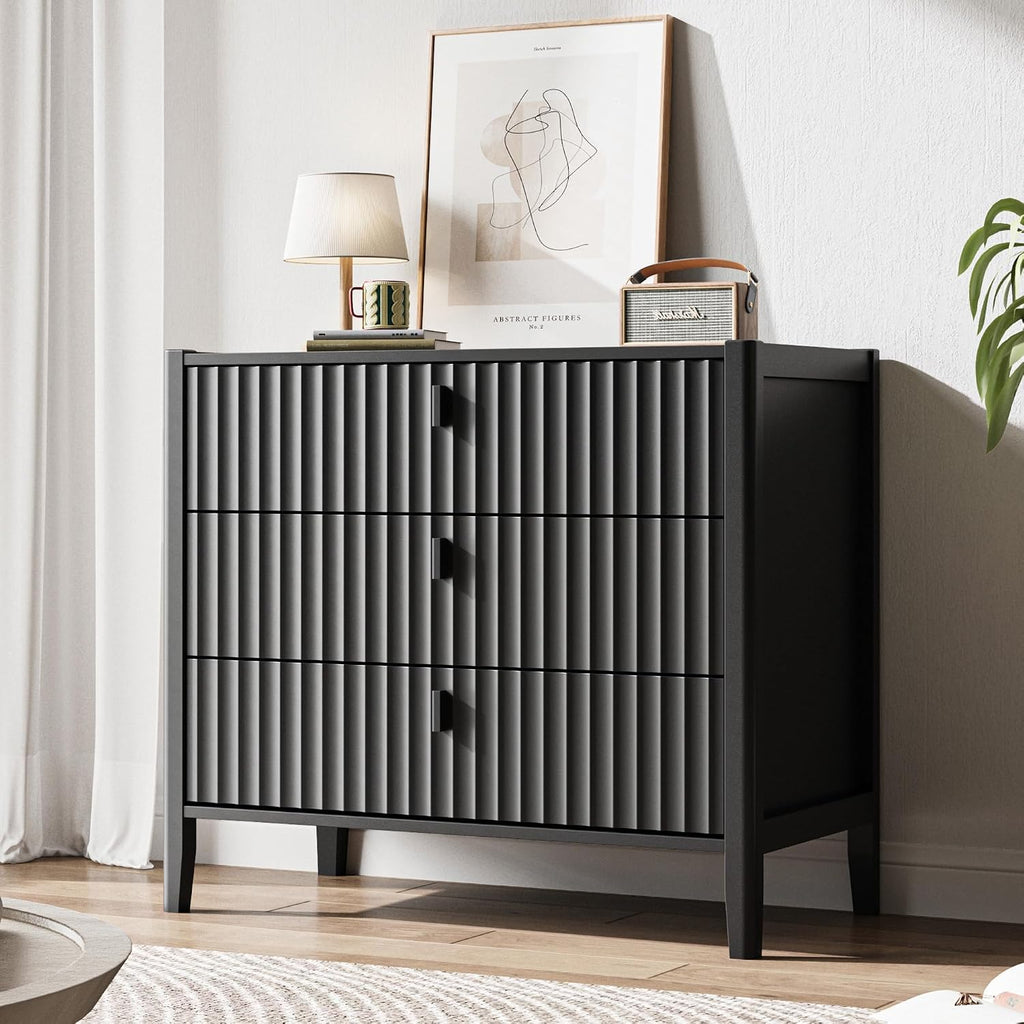 Black 5 Drawer Dresser, Modern Tall Dresser , Fluted Wood Chest of Drawers with Deep Drawers for Clothes, Storage