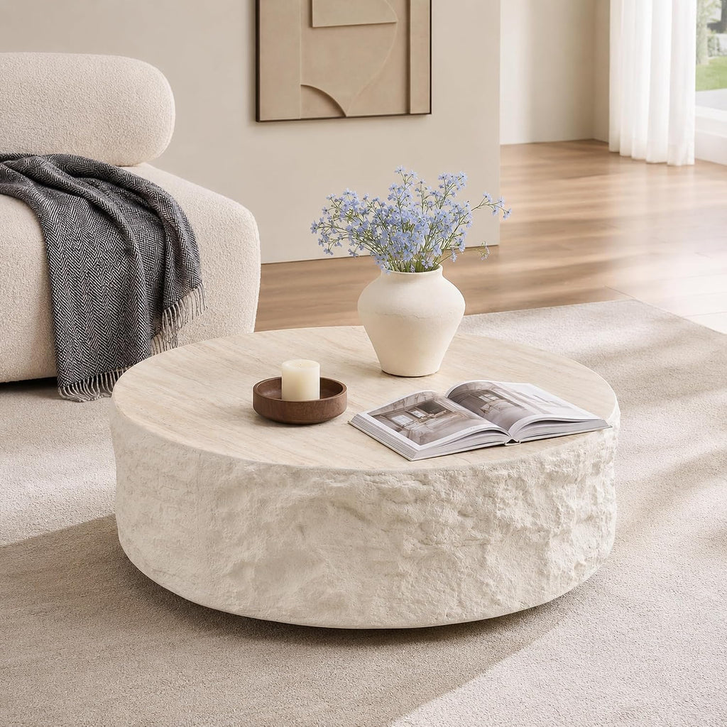 35.43" Round Coffee Table for Living Room, Modern Faux Marble Travertine Coffee Table, Sculptural Fiberglass Drum Cent