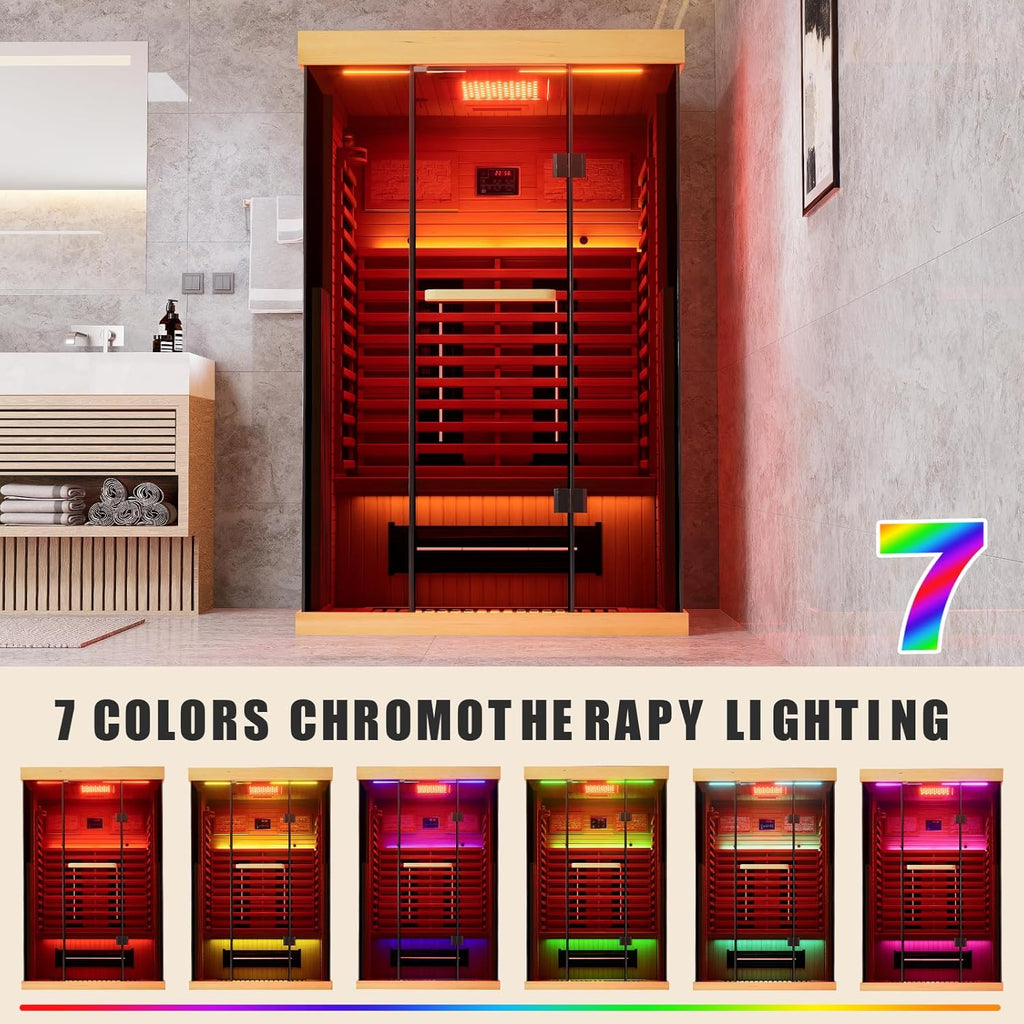 Full Spectrum Infrared Sauna，1-2 Person Home Sauna，Wooden Canadian Hemlock Indoor Spa Sauna with Resonance