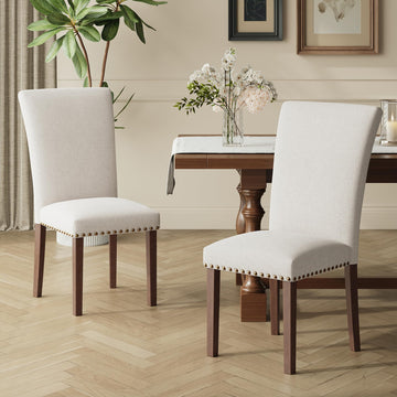 Upholstered Parsons Set of 2, Fabric Dining Room Kitchen Side Chair with Nailhead Trim and Wood Legs - Beige