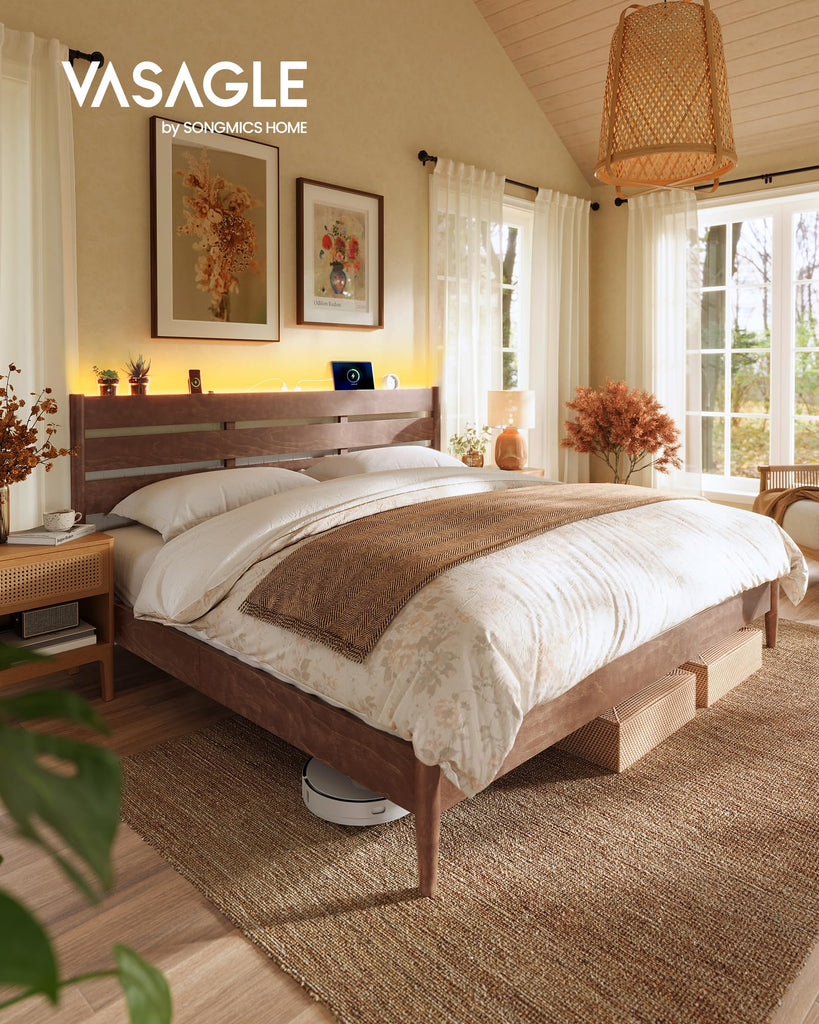 King Bed Frame, Wood Platform Bed with Headboard Storage Shelf