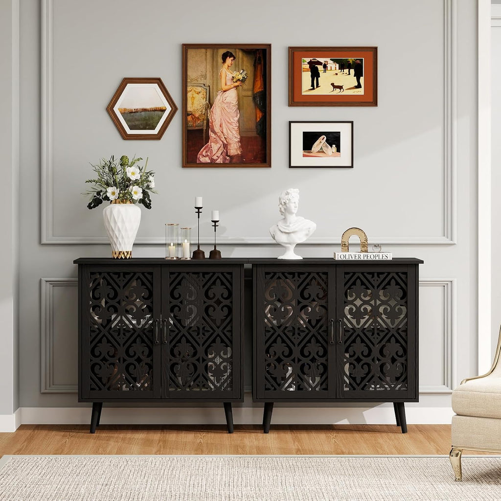 31.5" Small Black Accent Sideboard Buffet Cabinet with Storage, Vintage Storage Cabinet with Carved Wood Doors
