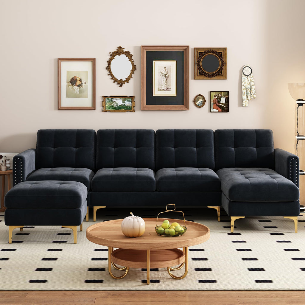 Velvet Modern Large Sectional Sofa (Black)