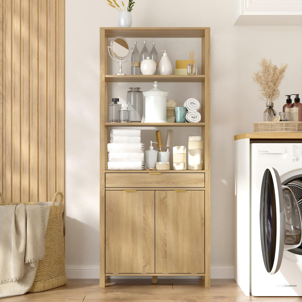 Double Tilt Out Laundry Hamper with Drawer, Hidden Laundry Hamper Cabinet with Open Shelves & 2 Tilt Out Trash