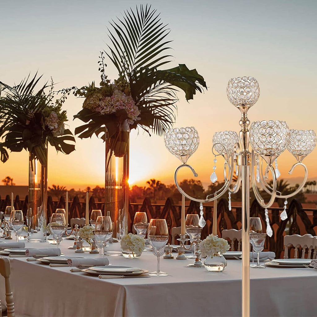 5 Arms Candelabra Crystal Candle Holder, 49 Inches Gold Crystal Candle Holders with Hanging Crystal Drop, Gold Floor