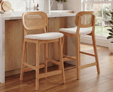 Counter Height Bar Stools Set of 2 Rattan Back Farmhouse Barstools Mid Century Modern Wood Bar Chairs Comfortable