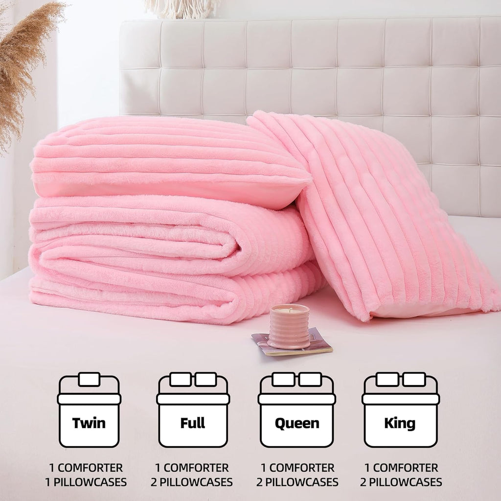 Fluffy Queen Comforter Set 3 Pieces - Pink Fleece Fluffy Comforter Set, Luxury Fuzzy Queen Bedding Set