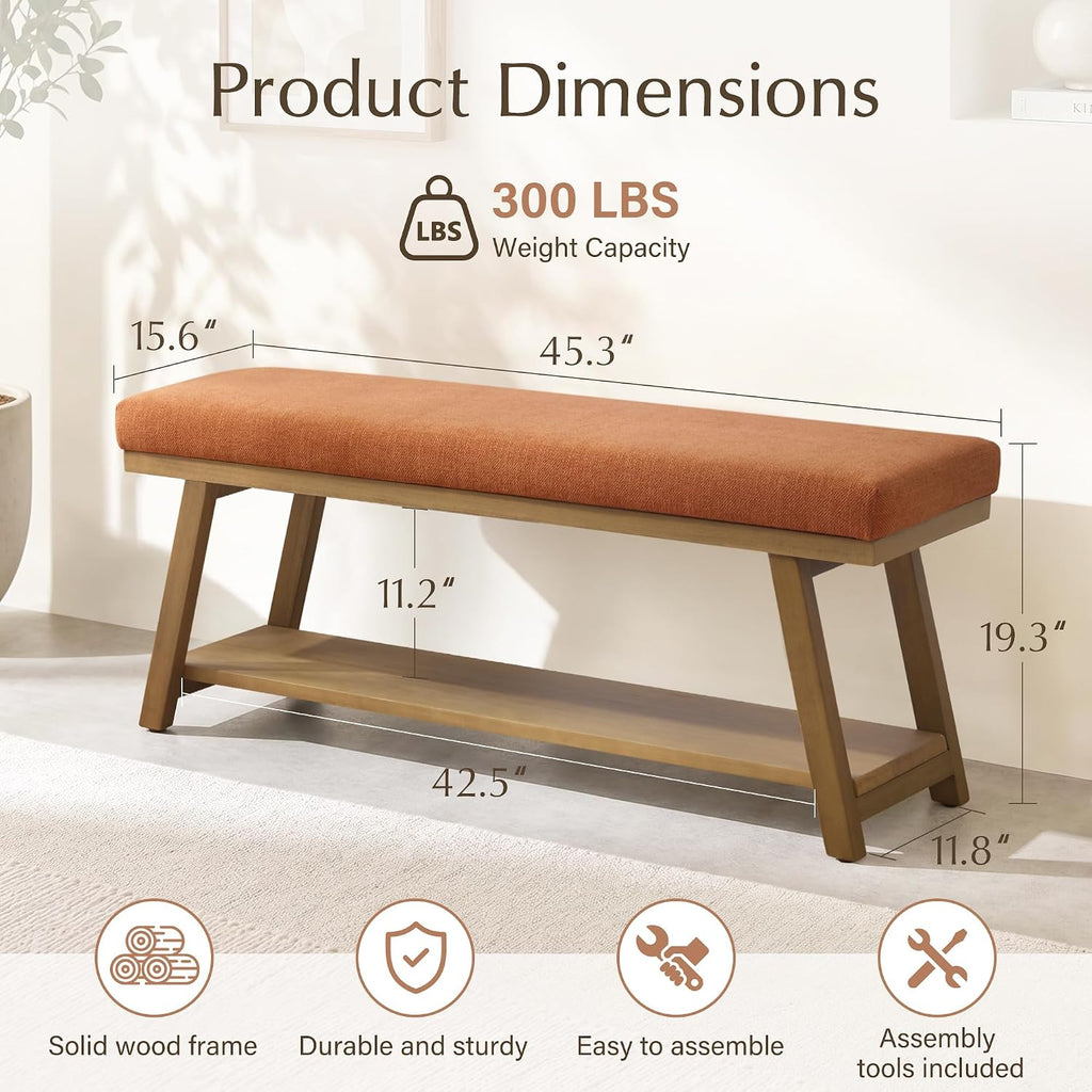 46" Entryway Bench Upholstered Storage Bench (Orange)