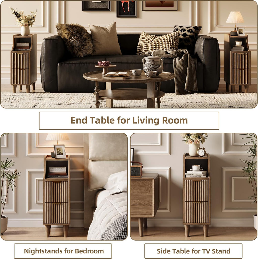 Fluted Nightstands Set of 2,Narrow Bedside Table with 2 Drawers & Storage, Farmhouse Walnut End Table Modern Side