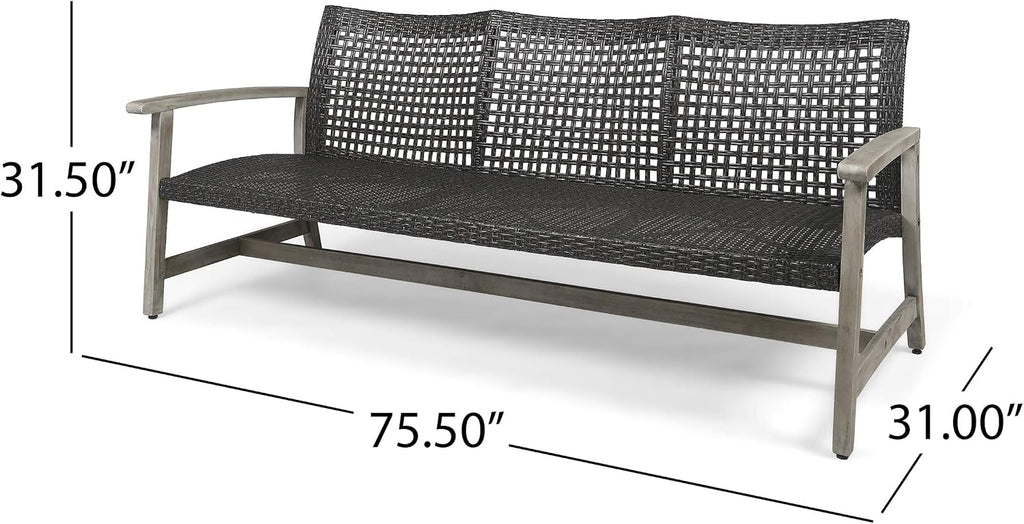 Marcia Outdoor Wood and Wicker Sofa, Light Gray Finish with Mix Black Wicker,Mixed Black, Light Gray Wash