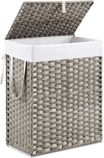 Woven Laundry Basket with Lid, 90L Large Capacity Hamper, Removable & Machine-Washable Liner, Foldable Rattan Clothes