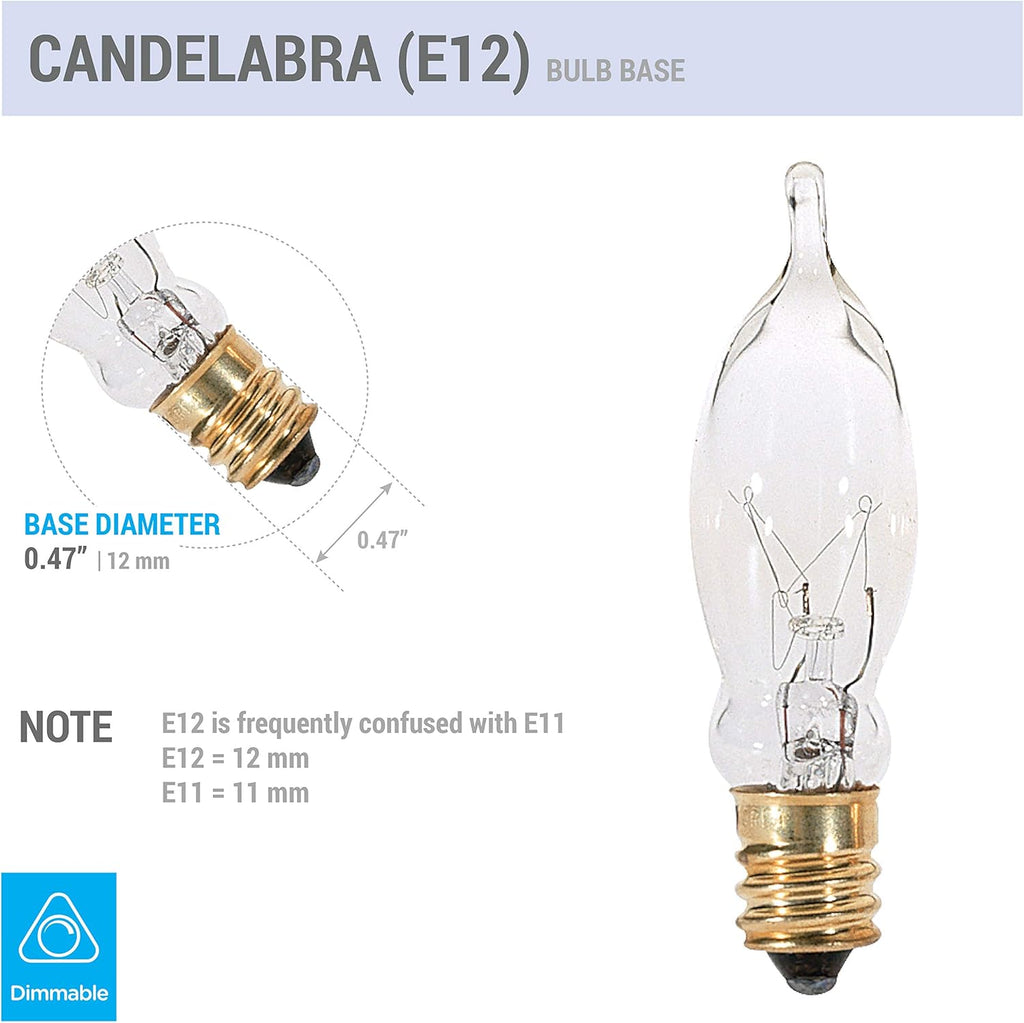12 Pack) 7.5CFC/15/3 7.5W 120 Volt, Flame Candelabra Tip Chandelier Bulb, Clear CA5 Incandescent, Petite Decorative