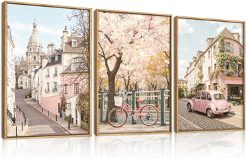Vintage Italy Cityscape Framed Canvas Wall Art Set, Romantic Flower Street Wall Decor, Pink Bike Car Wall Painting