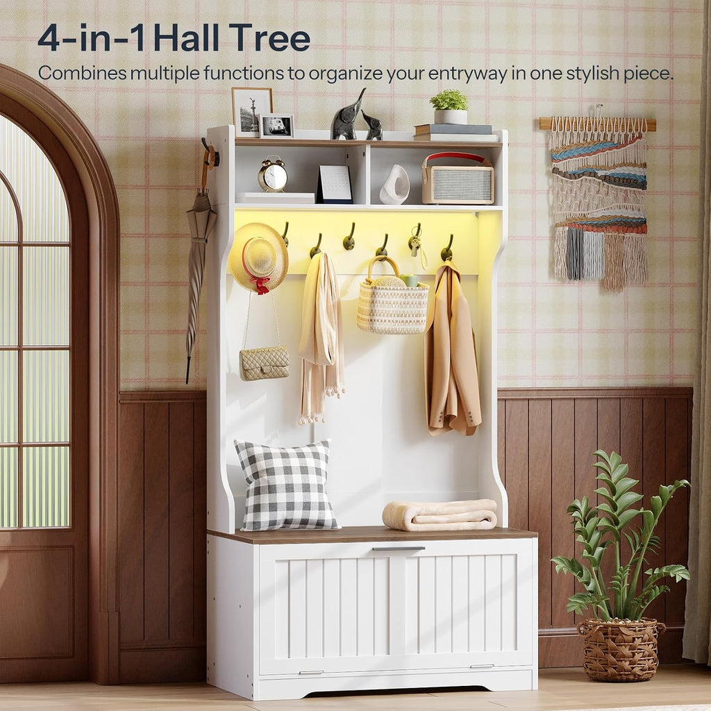 Hall Tree with Bench, 15.7''W Entryway Bench with Coat Rack, Shoe Cabinet with Flip Drawer, LED Hall Tree with 9