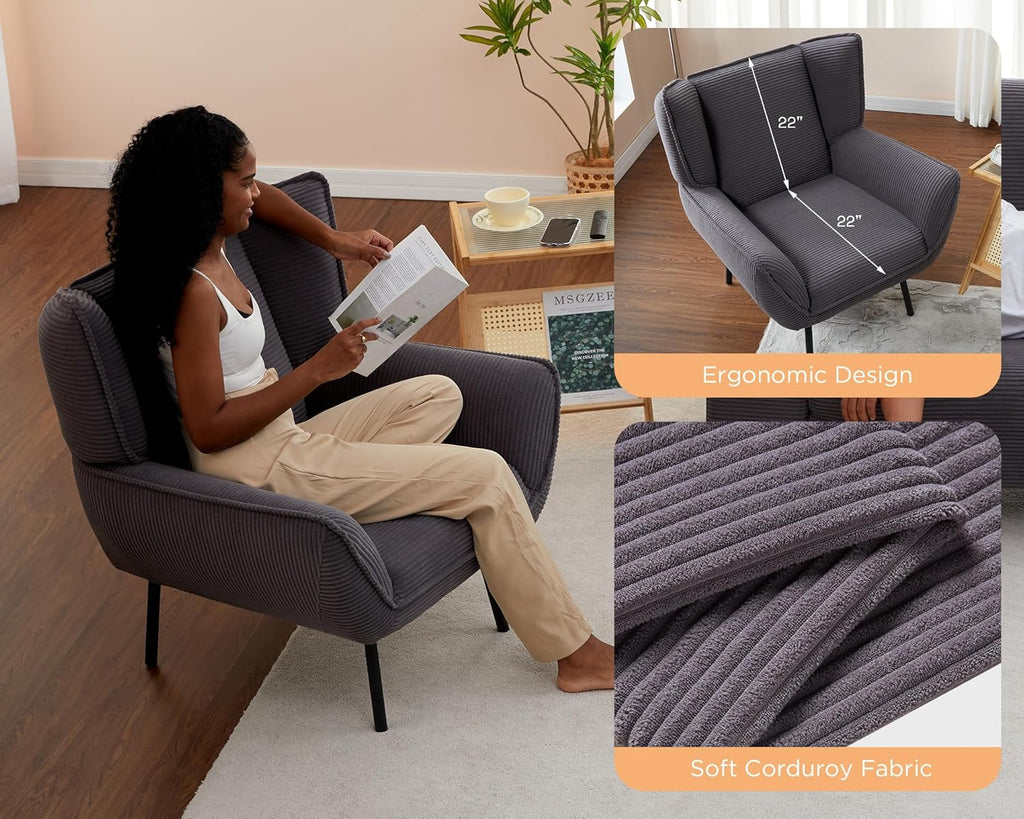 Corduroy Wingback Accent Chair, High Back Armchair with Deep Seat, Gray | Classic Wingback Style, 32D High-Resilience