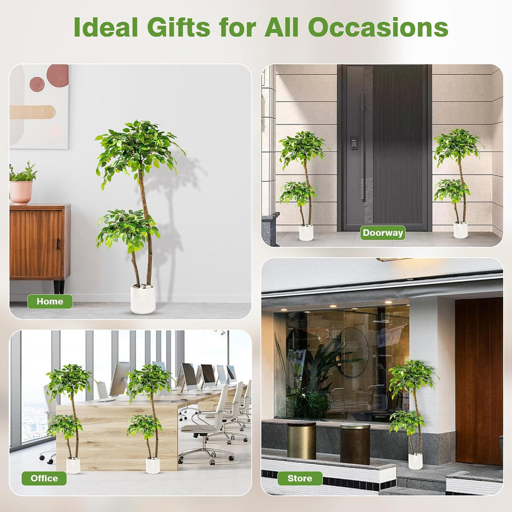 4FT Artificial Ficus Tree with White Planter and Pebbles,Faux Silk Tree with Lifelike Leaves and Realistic Trunk,Tall