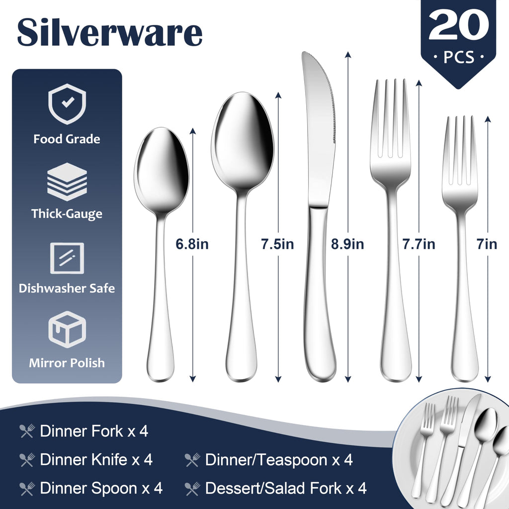 Heavy Duty Silverware Set for 4, 20 Pcs Stainless Steel Flatware Set